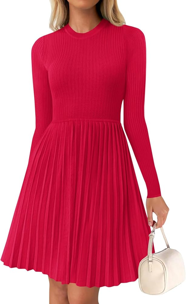 Wenrine Womens Long Sleeve Mini Dress Fall Ribbed Knit Crew Neck Pleated Swing Casual Sweater Dre... | Amazon (US)