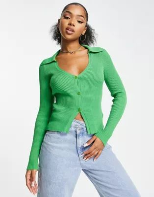 Miss Selfridge rib knit fitted waist cardigan in green | ASOS (Global)