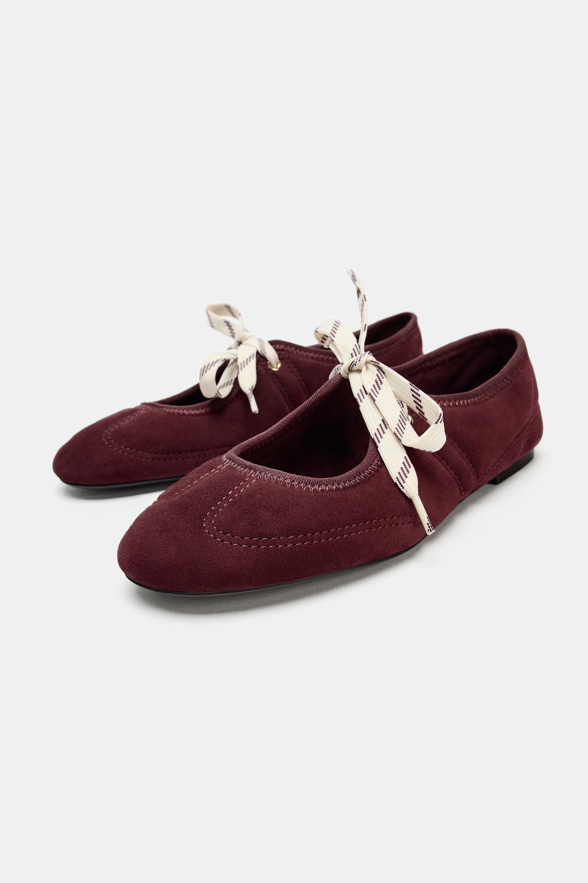 LACED SPLIT LEATHER BALLET FLATS | Zara US