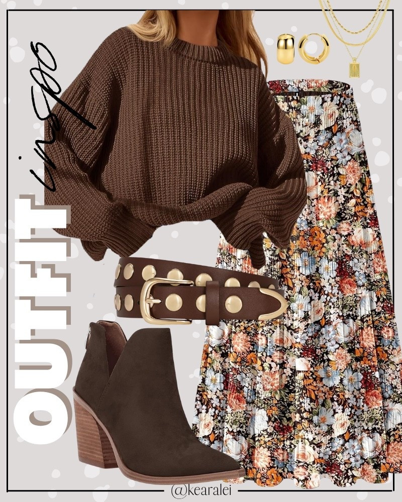 Teacher outfits fall outfit work outfit workwear business casual Amazon fashion chunky oversized brown sweater with fall floral midi skirt maxi skirt long chiffon skirt with pockets chocolate brown suede pointed toe booties stacked heel brown leather studded belt and gold jewelry || teacher outfit teaching back to school looks  business casual outfits #teacher #work #workwear #business #Casual #amazon #target #school #teaching #outfit #outfits
.
.
.
Amazon fashion, teacher outfits, business casual, casual outfits, neutrals, street style, Midi skirt, Maxi Dress, Swimsuit, Bikini, Travel, skinny Jeans, Puffer Jackets, Concert Outfits, Cocktail Dresses, Sweater dress, Sweaters, cardigans Fleece Pullovers, hoodies, button-downs, Oversized Sweatshirts, Jeans, High Waisted Leggings, dresses, joggers, fall Fashion, winter fashion, leather jacket, Sherpa jackets, Deals, shacket, Plaid Shirt Jackets, lounge set, Date Night Outfits, Vacation outfits, Mom jeans, shorts, sunglasses,  Romper, jumpsuit, Airport outfits, biker shorts, Weekender bag, plus size fashion, Stanley cup tumbler, Work blazers, Work Wear, workwear

boots booties tall over the knee, ankle boots, Chelsea boots, combat boots, pointed toe, chunky sole, heel, high heels, sneakers, slip on shoes, Nike, adidas, vans, dr. marten’s, ugg slippers, golden goose, sandals, high heels, loafers, Birkenstock Birkenstocks, Steve Madden, Target, Abercrombie and fitch, Amazon, Shein, Nordstrom, H&M, forever 21, forever21, Walmart, asos, Nordstrom rack, Nike, adidas, Vans, Quay, Tarte, Sephora, lululemon, free people, j crew jcrew factory, old navy


#LTKWorkwear #LTKStyleTip #LTKSeasonal