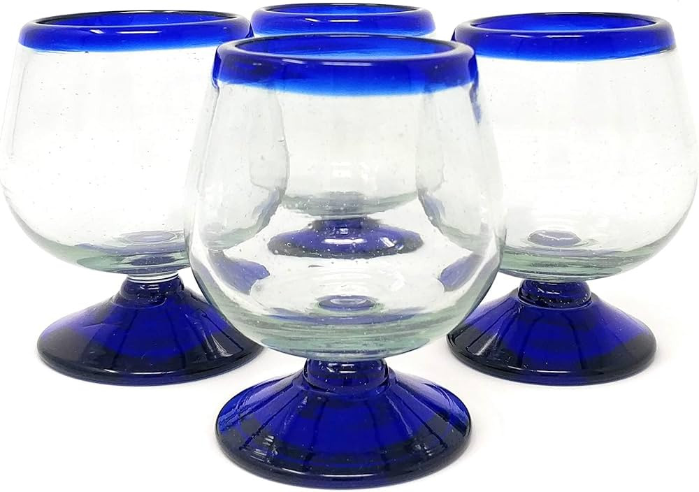 Mexican Hand Blown Glass – Set of 4 Hand Blown Cognac Snifter Glasses - Cobalt Blue Rim | Amazon (US)
