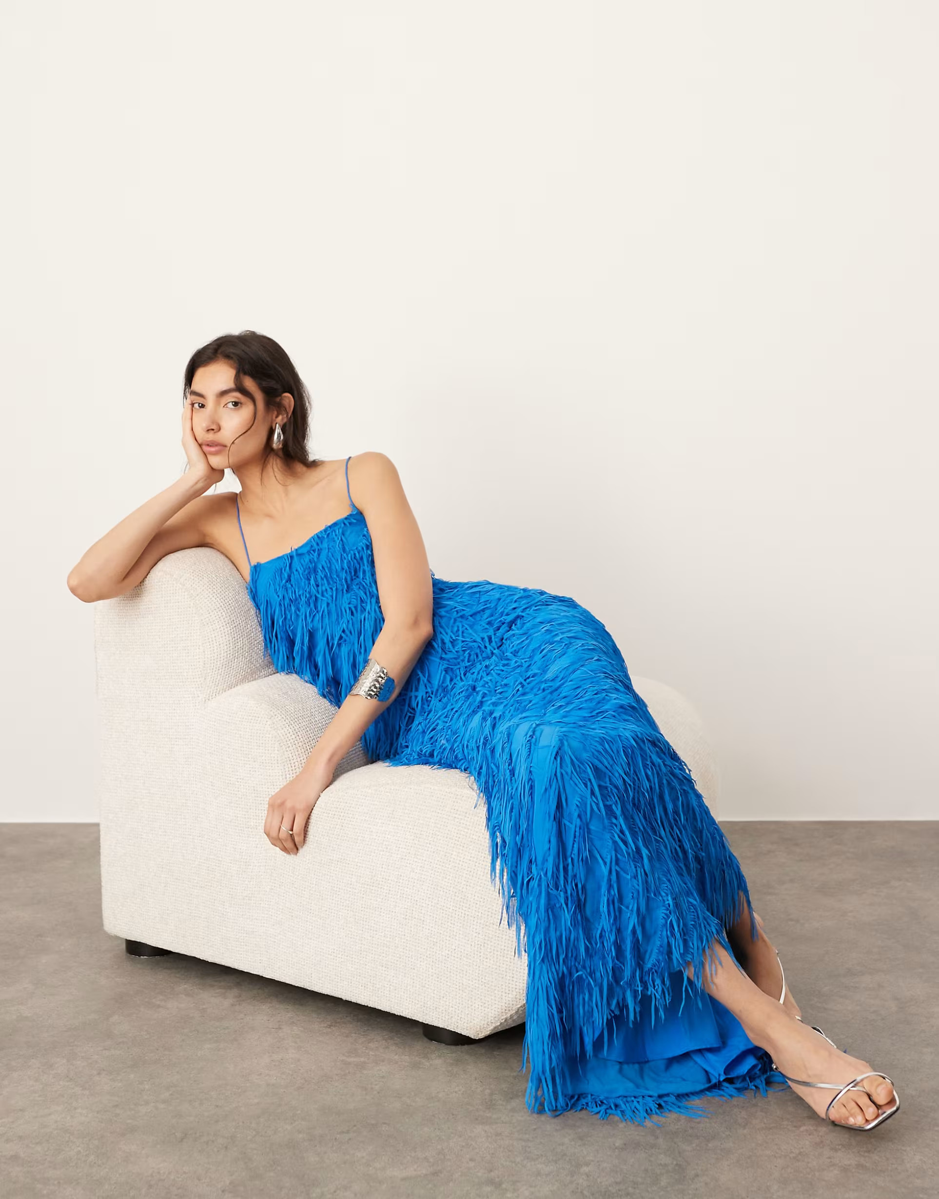 ASOS EDITION textured fringe cami maxi dress with low back in blue | ASOS (Global)