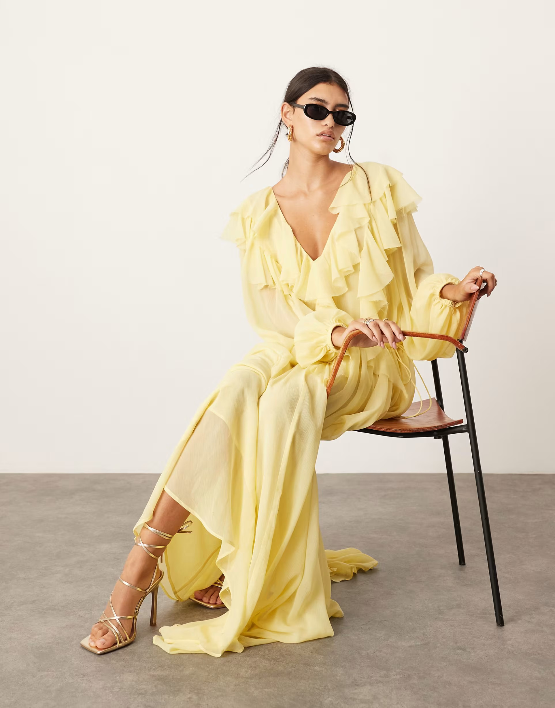 ASOS EDITION raw edge ruffle maxi dress with drawstring waist in lemon | ASOS (Global)