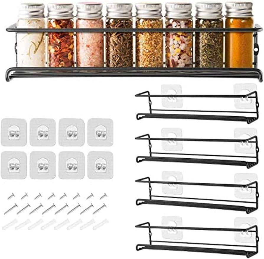 GEEDIAR Spice Racks Organiser - 4 Tier Hanging Stainless Steel Spice Racks Wall Mounted with Adhe... | Amazon (UK)