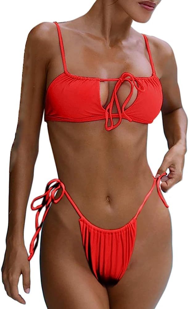 MERCHAM Women's Sexy Cutout Bikini Sets Tie Knot High Cut Leg Thong Two Piece Swimsuit | Amazon (US)