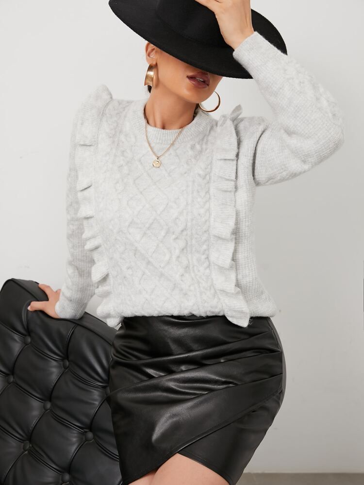 Argyle Knit Ruffle Trim Sweater | SHEIN