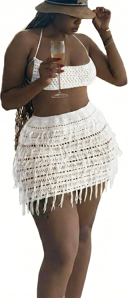 Women's Boho 2 Piece Crochet Skirt Set Halter Top & Tassel Fringe Mini Skirt Beach Vacation Festi... | Amazon (US)