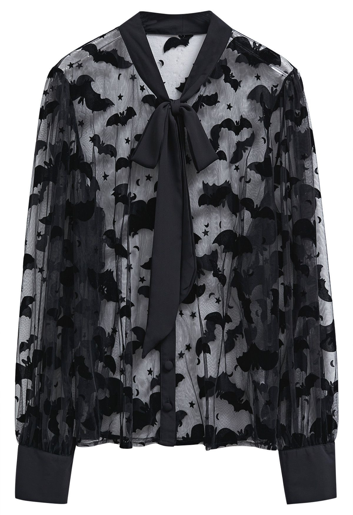 Velvet Bats Puff Sleeve Buttoned Mesh Shirt | Chicwish