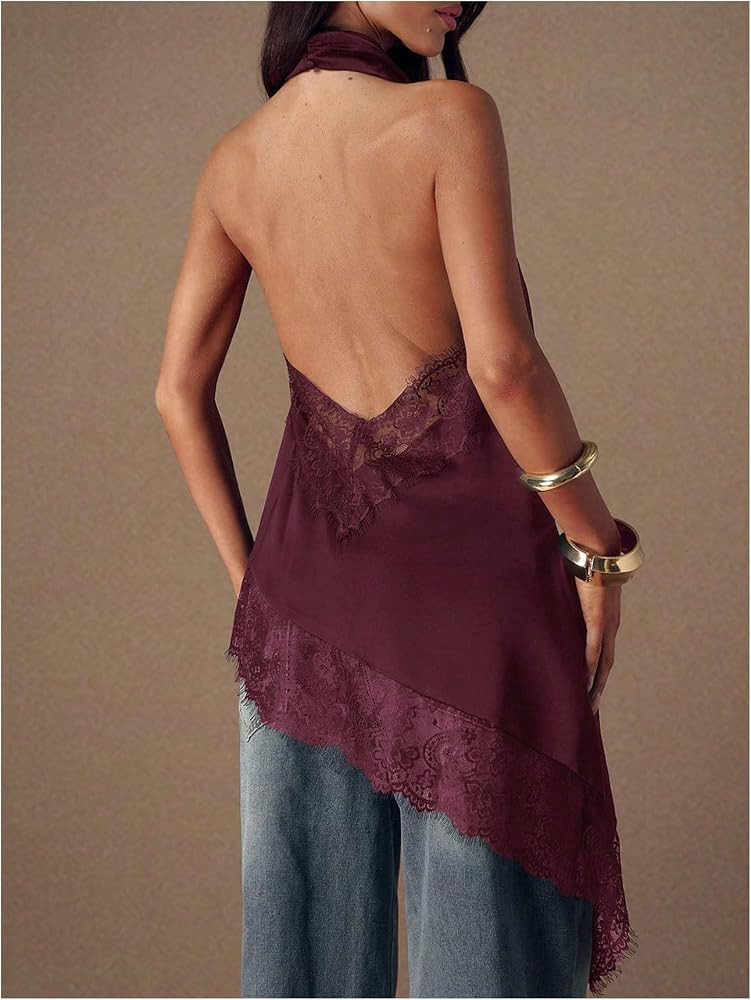Verdusa Women's Y2k Asymmetrical Tops Rave Club Lace Satin Backless Cami Flowy Halter Top Going O... | Amazon (US)