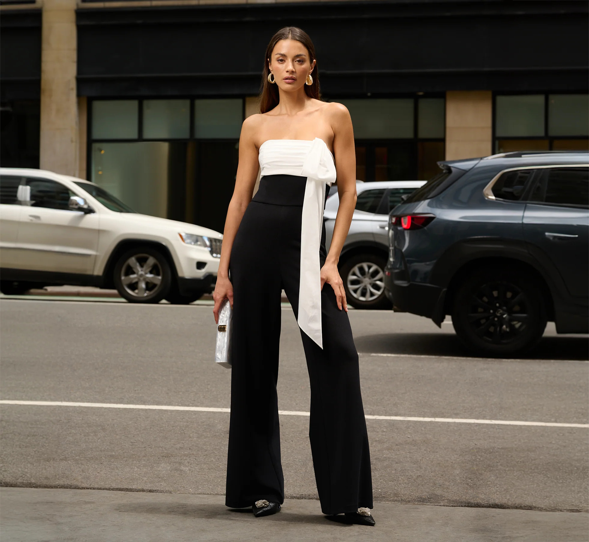 Colorblock Crepe Strapless Jumpsuit With Bow Accent In Black White | Adrianna Papell