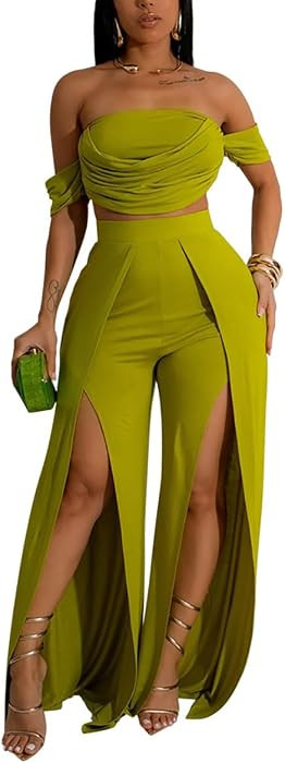 WOKANSE Women's Elegant 2 Piece Outfits Summer Off Shoulder Tube Crop Top and High Waist Split Wi... | Amazon (US)