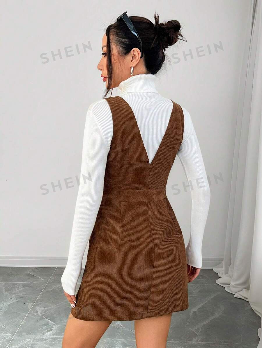 SHEIN PETITE Woven Corduroy Vest Dress For Fall And Winter In Maillard Colors | SHEIN