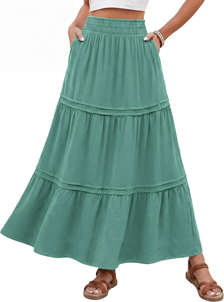 Simplee Womens Maxi Skirt Summer Long Flowy Tiered High Waisted A Line Smocked Beach Vacation Boh... | Amazon (US)