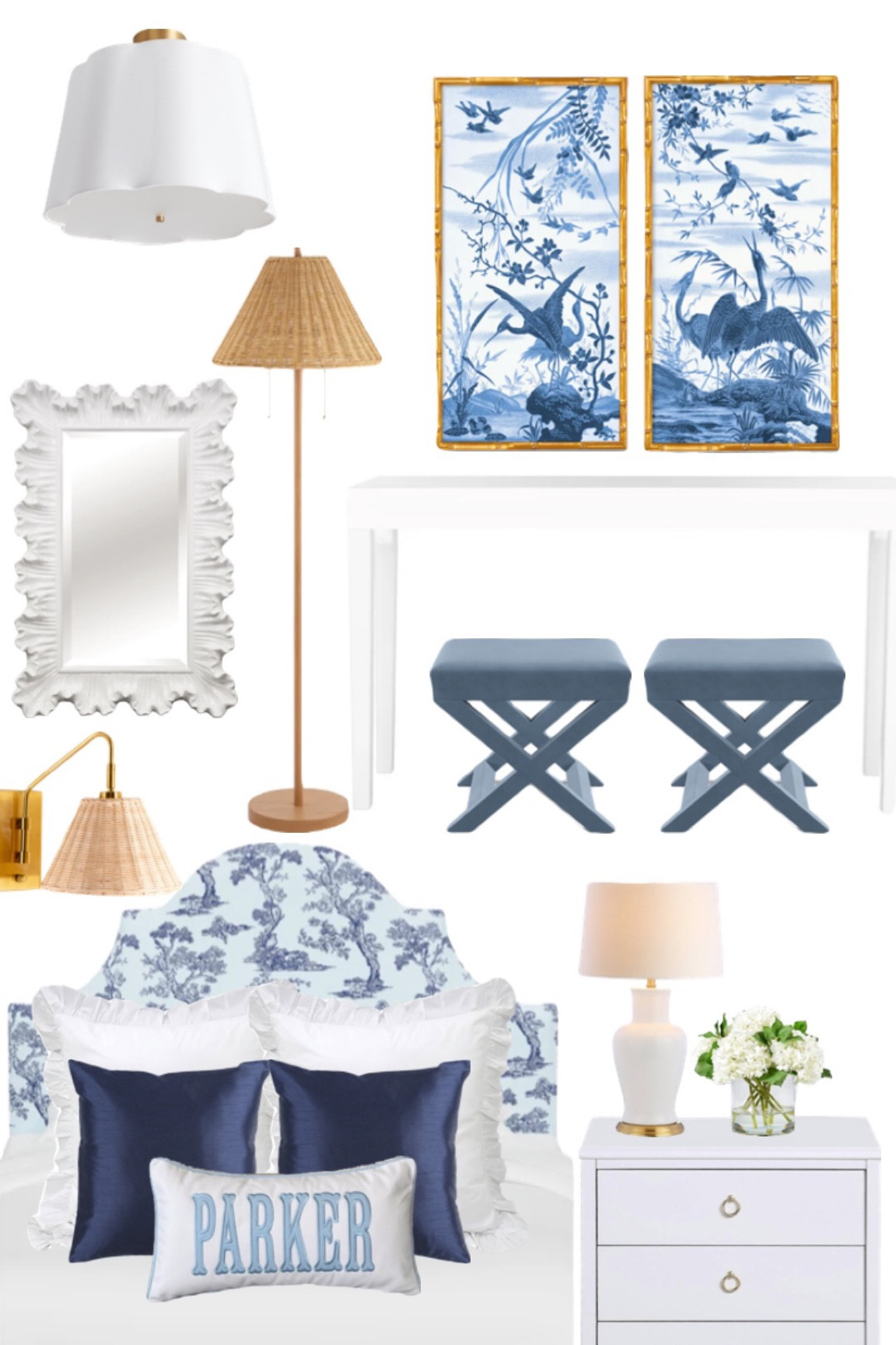 Blue and white bedroom rattan Grandmillenial coastal grandmother chinoiserie chic scalloped furniture 

#LTKFind #LTKhome #LTKstyletip