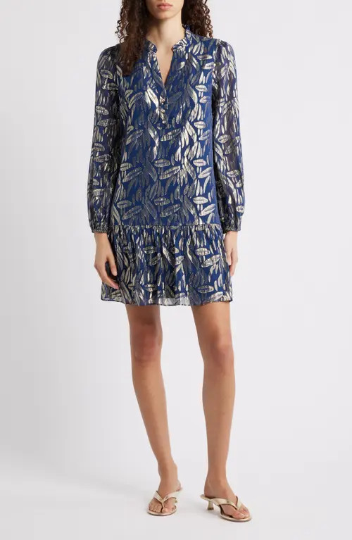 Lilly Pulitzer® Evaline Long Sleeve Silk Blend Drop Waist Dress in Navy Leafy Babe at Nordstrom, Size 16 | Nordstrom