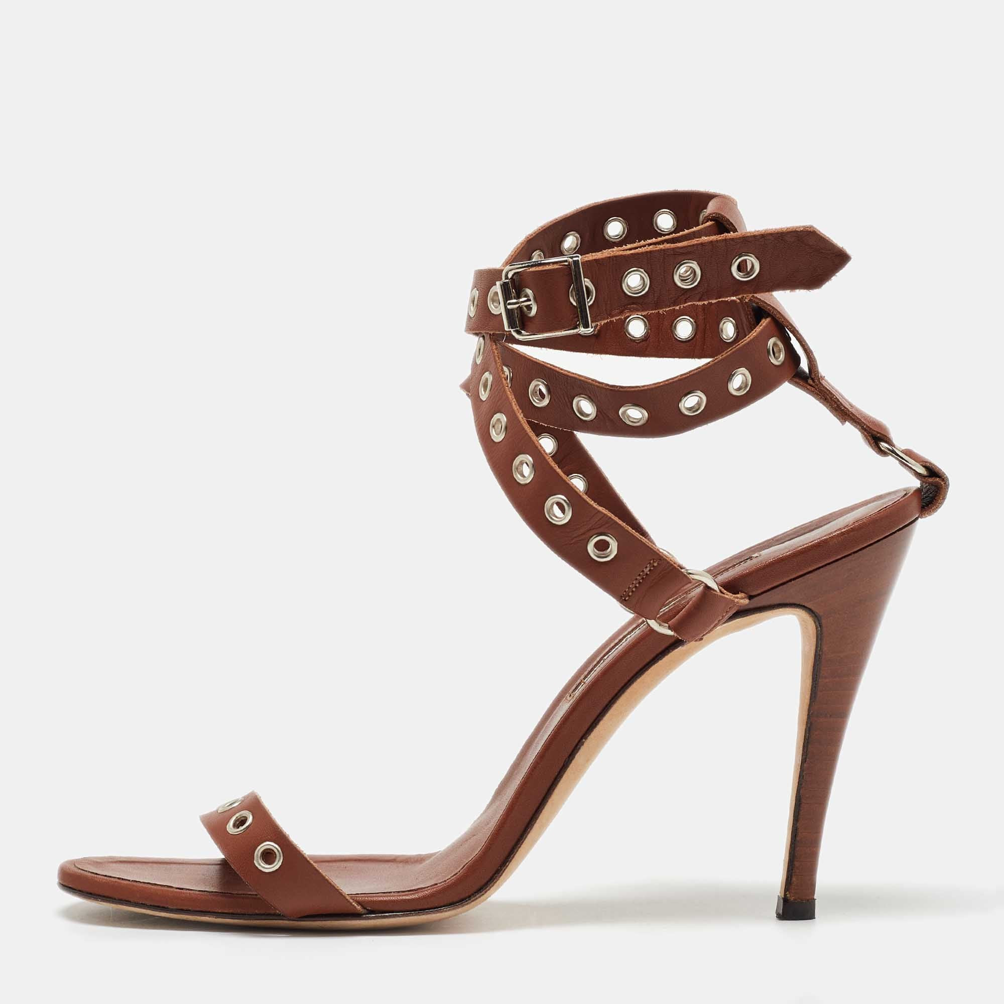 Manolo Blahnik Brown Leather Eyelet Ankle Strap Sandals | Shop Simon