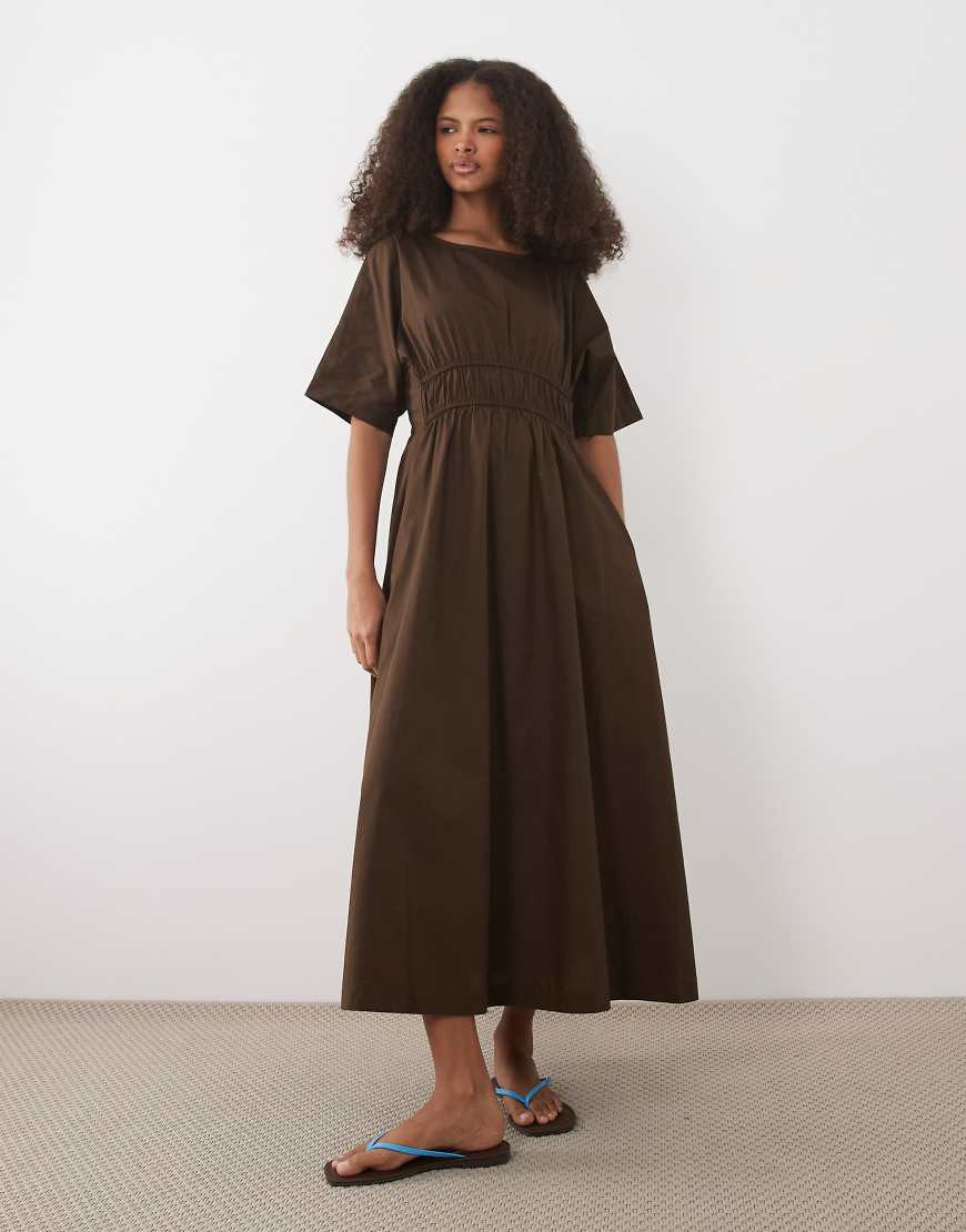 Threadbare cotton poplin short sleeve midi dress in chocolate brown | ASOS (Global)