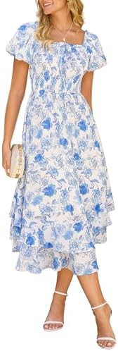 GRACE KARIN Womens Summer Dresses 2026 Puff Short Sleeve Floral Wedding Guest Dress Smocked Tiere... | Amazon (US)