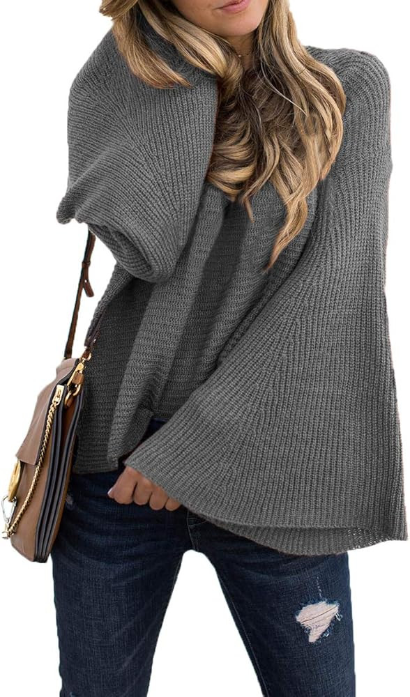 TOTREND Women's Casual Kimono Bell Sleeve Patchwork Loose Fit V Neck Pullover Sweater Lightweight... | Amazon (US)