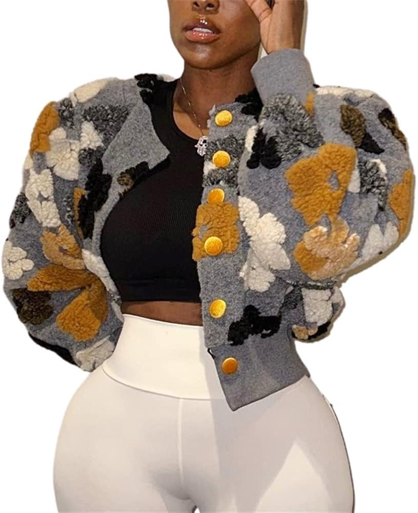 HOULENGS Women's Cropped Floral Print Fleece Bomber Jacket Casual Puff Sleeve Button Down Coats W... | Amazon (US)