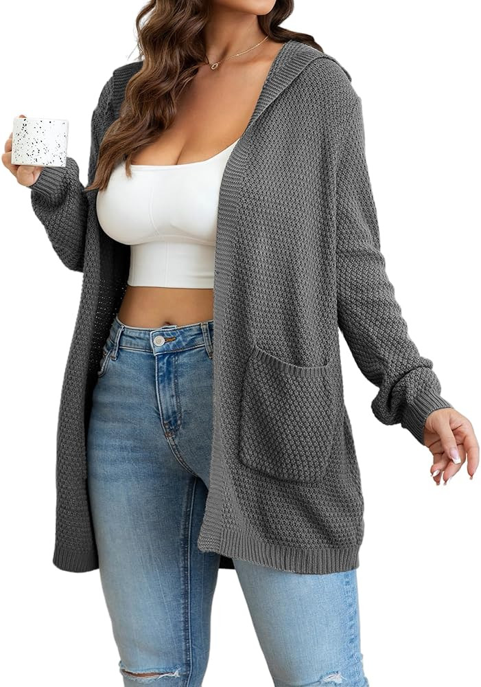 2023 Long Sleeve Cardigan for Women Waffle Knitted Open Front Sweater Hooded Outerwear Loose Warm... | Amazon (US)