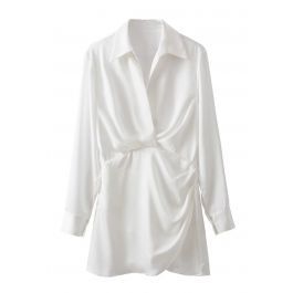 V-Neck Ruched Front Satin Shirt Dress in White | Chicwish