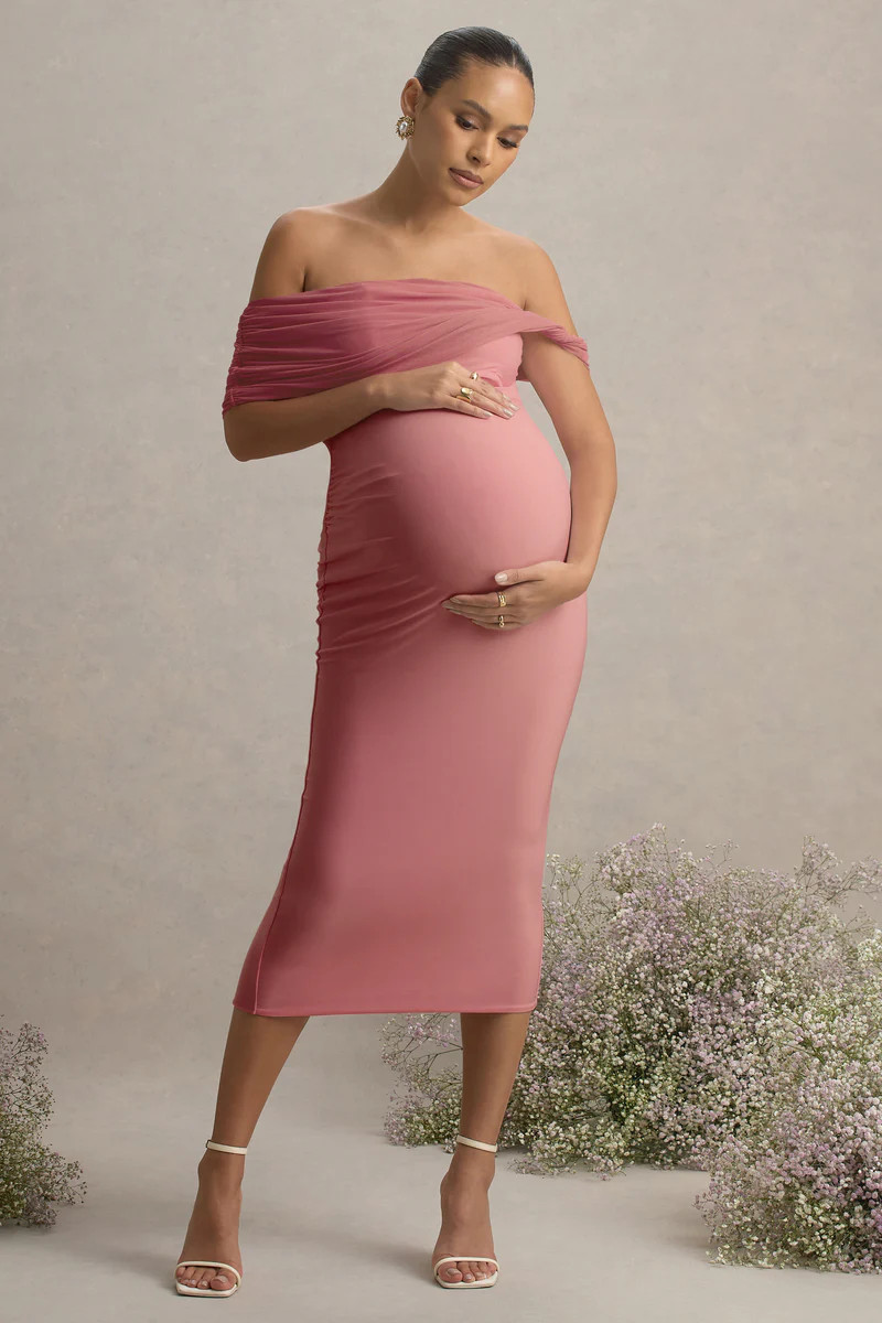 Jen  Pink Bardot Twisted Maternity Midi Dress | Club L London