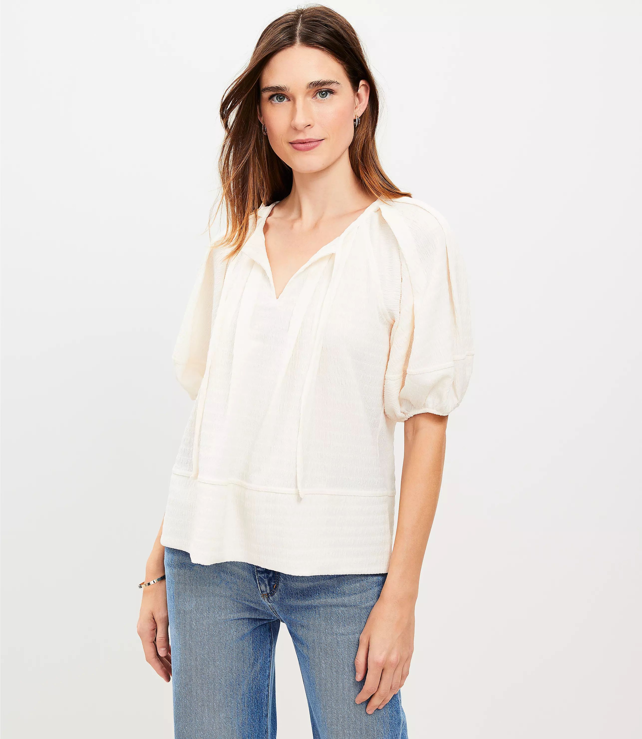 Lantern Sleeve Tie Neck Top | LOFT