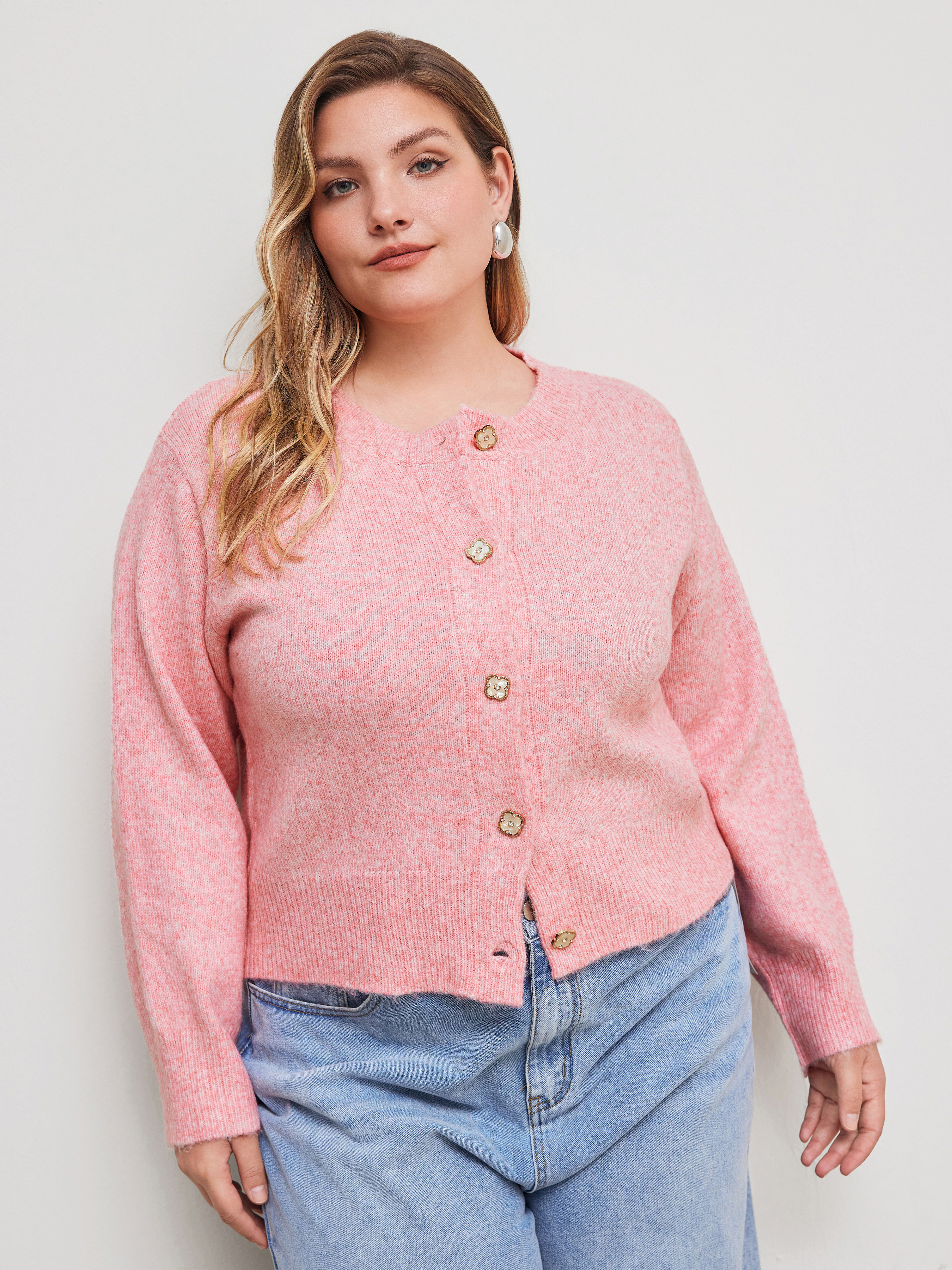 Knit Fabric Knit Wool-Blend Round Neckline Solid Floral Button Crop Cardigan Curve & Plus For Sch... | Cider