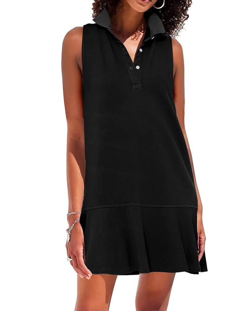 Women's Sleeveless Polo Dress Ruffle Hem Lapel V Neck Summer Shirt Mini Dresses | Amazon (US)