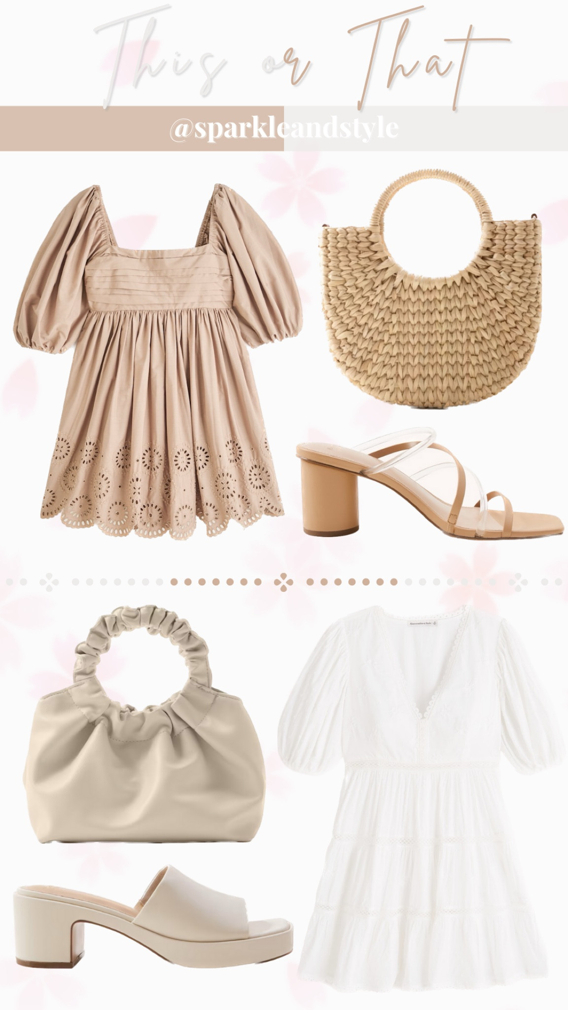 This Or That: Spring Outfits

🤎 Light Brown Eyelet Puff Sleece Dress, Straw Bag, Light Brown Strappy Heels 
🤍 White Eyelet Dress, White Bag, White Mules

#LTKstyletip #LTKshoecrush #LTKitbag