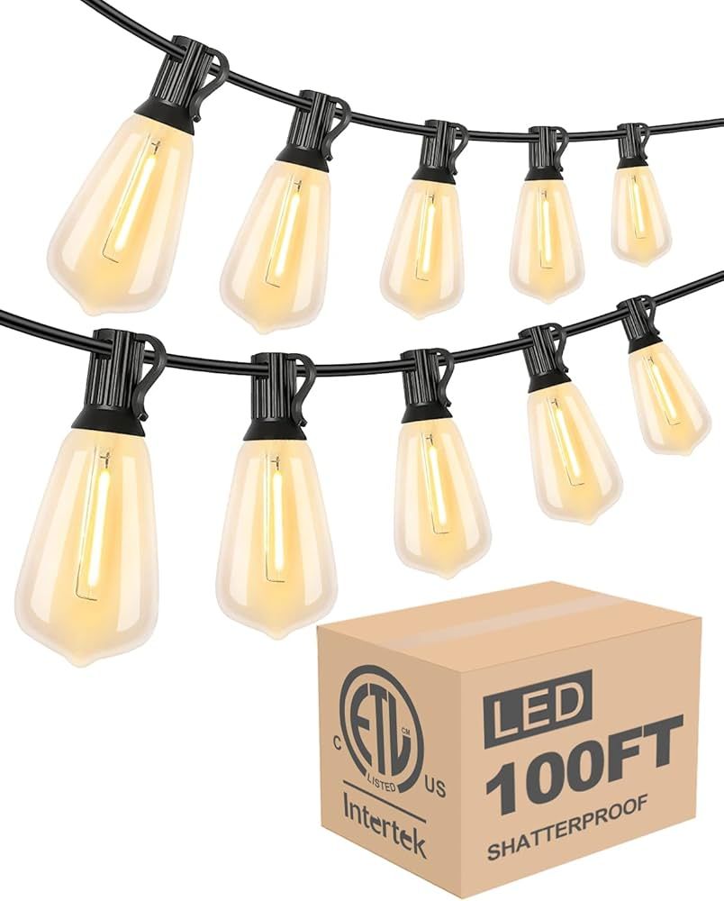 Lightdot 100FT Outdoor String Lights, LED Patio String Lights with 32+2 Shatterproof ST38 Vintage... | Amazon (US)