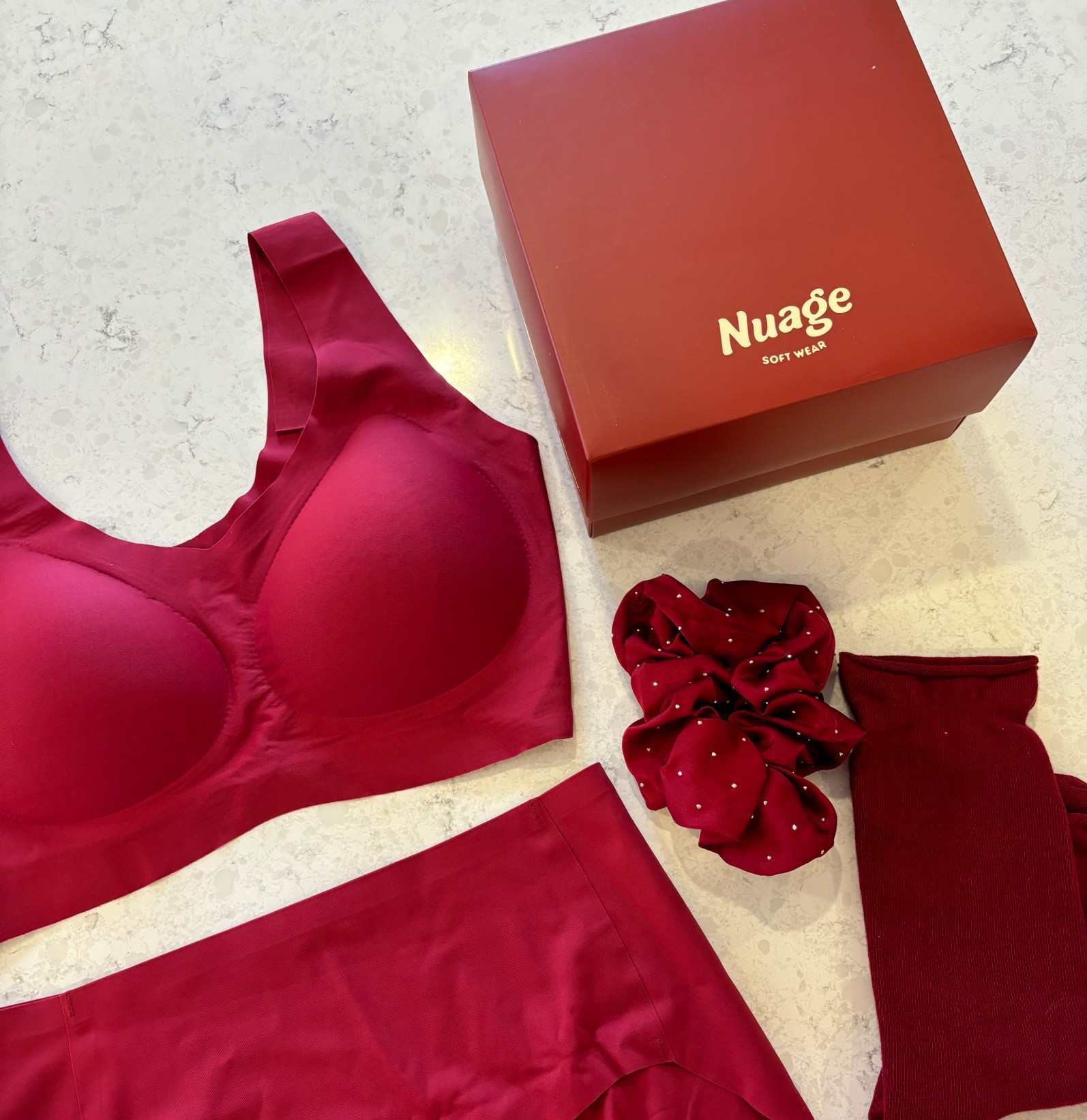 Nudge Red Holiday Bra Set - featuring socks and a bedazzled scrunchie! This set is so soft and comfy!! Thank you Nuage for this amazing holiday set!

#LTKHoliday #LTKselfcare #LTKGiftGuide