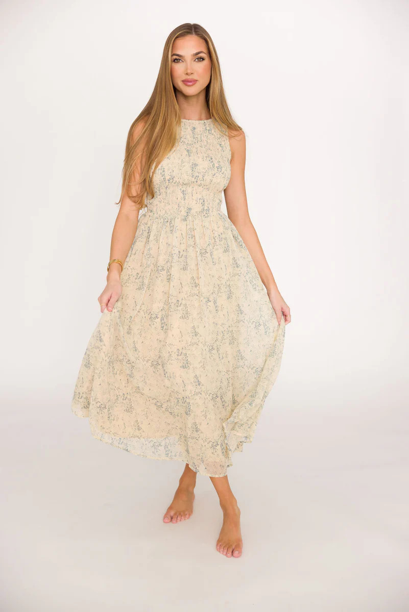 Alaina Floral Print Smocked Midi Dress in Blue Multi | Worth Collective
