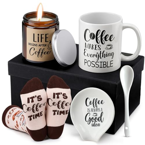 Vabean 5 Pieces Coffee Lover Gift Set Includes Coffee Mug and Spoon Rest Holder Coffee Themed Candle Coffee Socks Coffee Gift Box Gift Idea Coffee Gift Basket for Women Men | Amazon (US)