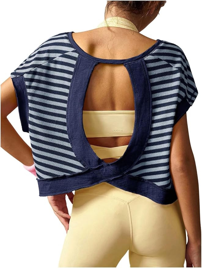 WDIRARA Women's Striped Open Back Workout Top Short Sleeve Gym Yoga Tee Athletic Shirts | Amazon (US)
