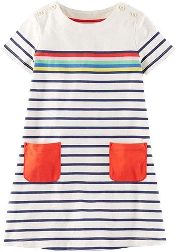 HILEELANG Little Girls Cotton Dress Short Sleeves Casual Summer Striped Basic Shirt Jumpskirt Pla... | Amazon (US)