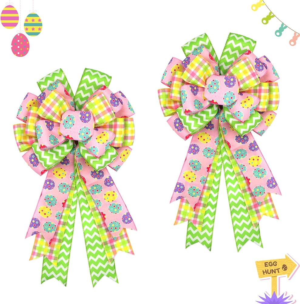 Large Easter Bows for Wreath 20x11 Inch, 2 Pack Pre-Tied Easter Egg Wired Ribbon Bow, Big Tree To... | Amazon (US)
