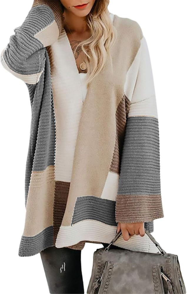 Womens Color Block Cardigan Open Front Sweaters Loose Knit Casual Coat | Amazon (US)