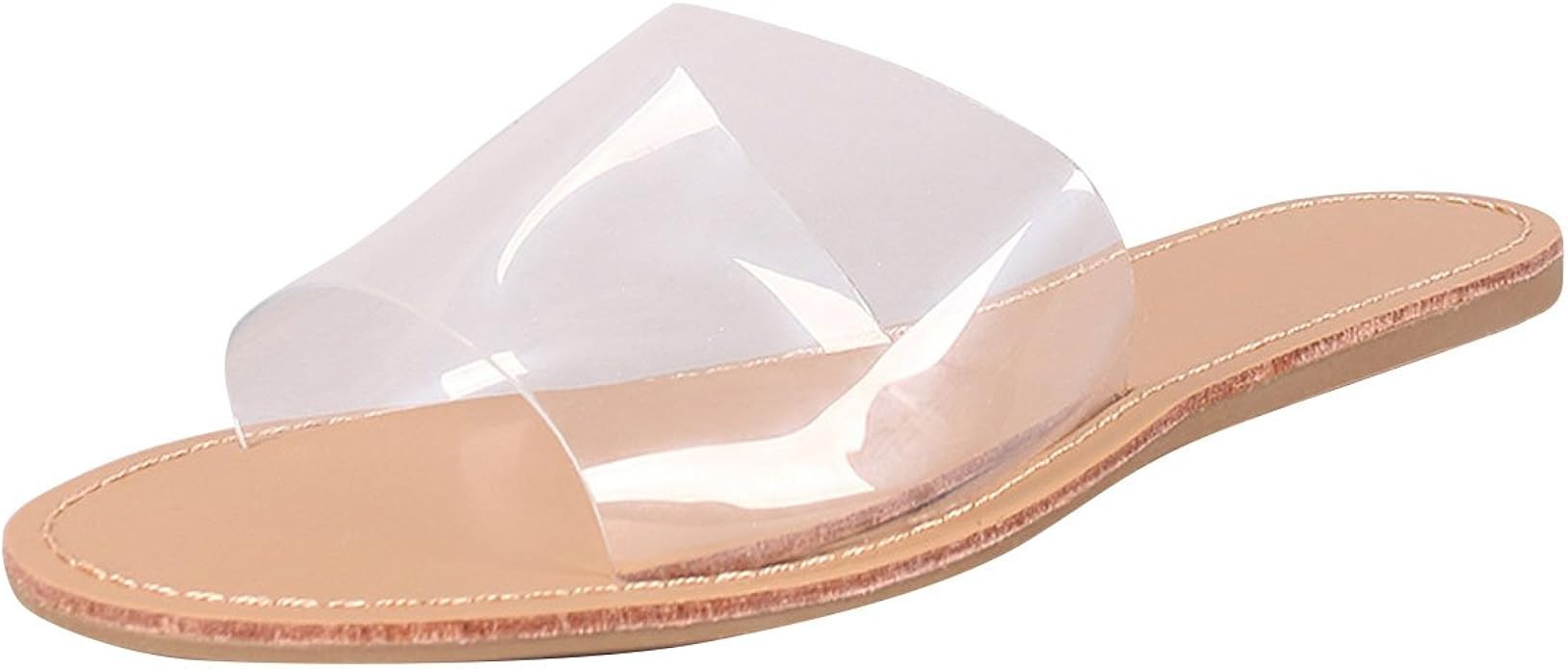 Wild Diva Womens Open Toe Transparent Clear Wide Band Slides Flat Sandal Shoe Flip Flop | Amazon (US)