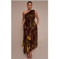 Plus Brown Floral Print Chiffon One Shoulder Maxi Dress | PrettyLittleThing US