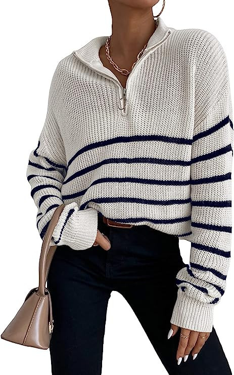 MakeMeChic Women's Casual Striped Half Zip Up Drop Shoulder Long Sleeve Sweater Pullover Top | Amazon (US)