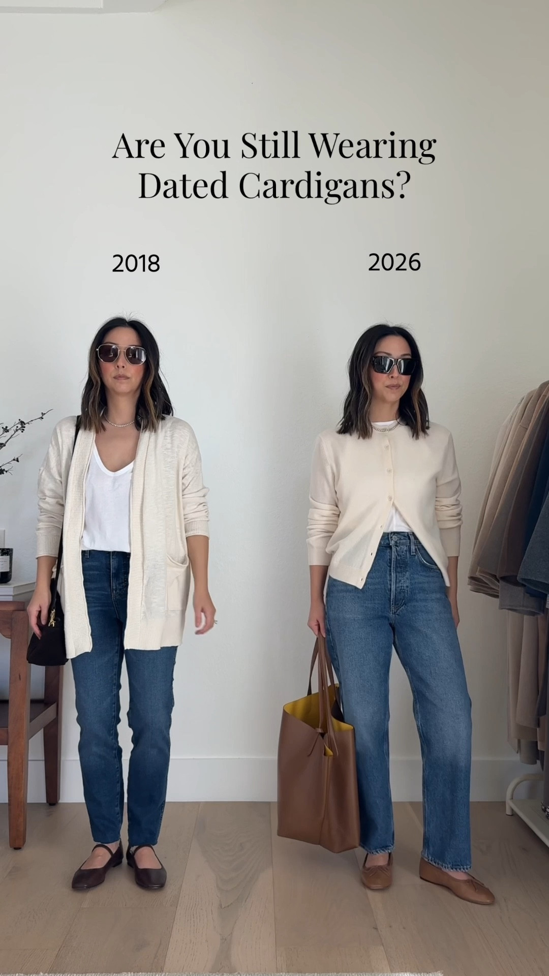 Are you wearing dated cardigans? Cardigans that hit past your bum are no longer in style; they date your outfits. The updated version sits above the hip - short or cropped. 

Aritzia cashmer cardigan small - could easily wear the xs
Everlane tank xs
AGOLDE 90's Mid Rise jeans 24 - size down. Fit like a high rise
Loeffler Randall flats 5.5
Mansur Gavriel Tote
Celine sunglasses
Quince earrings
Dorsey James Necklace 15"


#LTKOver40 #LTKPetite