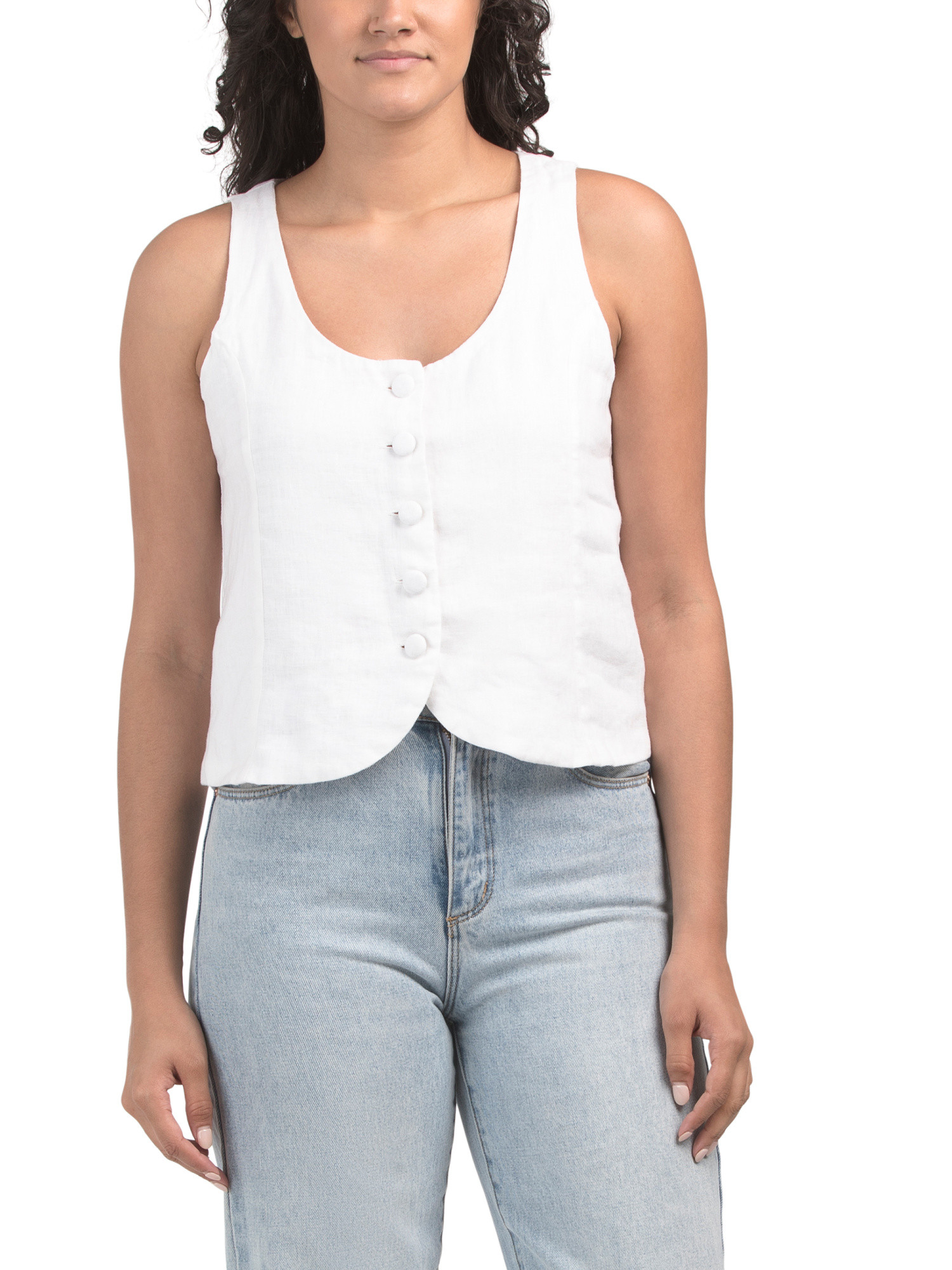 Linen Scoop Neck Lined Vest With Self Covered Buttons | Marshalls