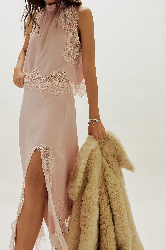 Women Satin Skirt Set Lace Trim Mock Neck Backless Tops Asymmetry Hem Maxi Skirt Y2k Silky Going ... | Amazon (US)