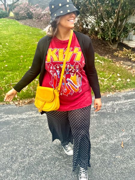 ✨SIZING•PRODUCT INFO✨
⏺ Band Graphic Tee •• Men’s M •• @walmart 
⏺ Black Polka Dot Wide Leg Lounge Pants •• linked similar 
⏺ Studded Black Hightops •• TTS •• @freepeople
⏺ Yellow Saddle Crossbody Bag @amazonfashion 
⏺ Black Duster Cardigan •• linked similar 
⏺ Smiley Face Bucket Hat @walmartfashion 

#walmart #walmartfashion #walmartstyle walmart finds, walmart outfit, walmart look  #amazon #amazonfind #amazonfinds #founditonamazon #amazonstyle #amazonfashion #spring #springstyle #springoutfit #springoutfitidea #springoutfitinspo #springoutfitinspiration #springlook #springfashion #springtops #springshirts #springsweater #graphic #tee #graphictee #graphicteeoutfit #tshirt #graphictshirt #t-shirt #band #bandtee #graphicteelook #graphicteestyle #graphicteefashion #graphicteeoutfitinspo #graphicteeoutfitinspiration #edgy #style #fashion #edgystyle #edgyfashion #edgylook #edgyoutfit #edgyoutfitinspo #edgyoutfitinspiration #edgystylelook  #black #blacklook #blackoutfit #outfitwithblack #lookswithblack #blackoutfitinspo #blackoutfitinspiration #looksfeaturingblack #sneakersfashion #sneakerfashion #sneakersoutfit #tennis #shoes #tennisshoes #sneakerslook #sneakeroutfit #sneakerlook #sneakerslook #sneakersstyle #sneakerstyle #sneaker #sneakers #outfit #inspo #sneakersinspo #sneakerinspo #sneakerinspiration #sneakersinspiration ##boho
#under20 #under30 #under40 #under50 #under60 #under75 #under100
#affordable #budget #inexpensive #size14 #size16 #size12 #medium #large #extralarge #xl #curvy #midsize #pear #pearshape #pearshaped
affordable style, curvy style, curvy fashion, midsize style, midsize fashion

#LTKfindsunder50 #LTKfindsunder100 #LTKmidsize