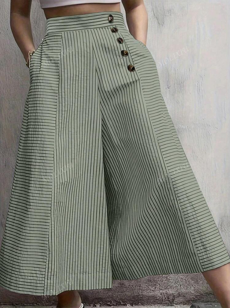 Front Button Pocket Casual Wide Leg Pants, Music Festival High Waist Swimsuit Summer Vacation Mod... | SHEIN