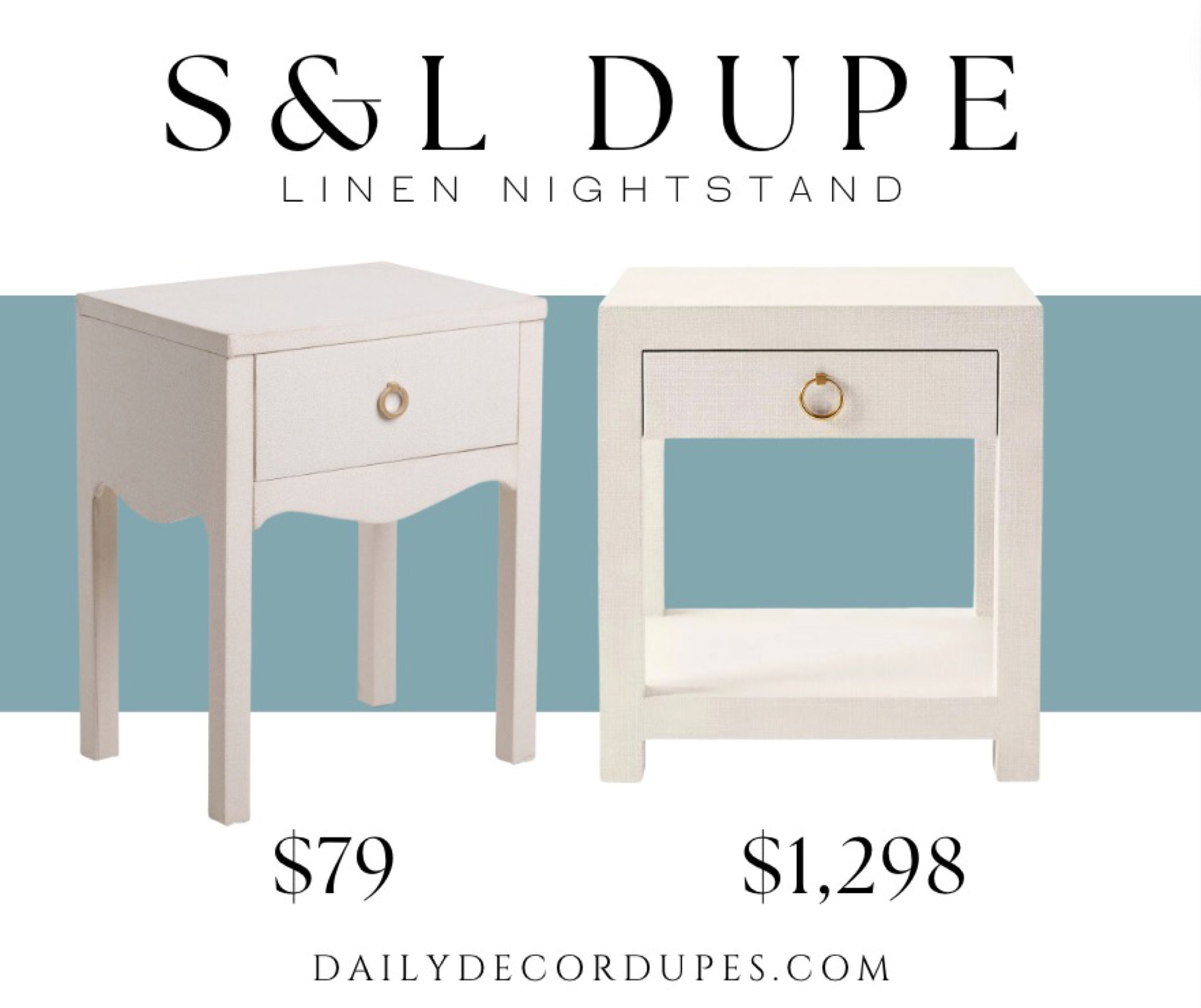 Serena & Lily linen nightstand dupe! Amazing dupe for Serena and Lilly's drifeway nightstand in the chalk ivory white color. Dupe is only $79 and has the same single drawer with gold ring drawer pull. The dupe has a pretty scallop front and sides detail. Beautiful textured nightstand linen cloth blake driftaway 1 drawer nightstand. Dupe dupes more affordable option find replica copy cat similar look for less budget friendly affordable cheap cheaper beautiful pretty. Love dupes like these? I share multiple every day in my Facebook group “DAILY DECOR DUPES”

#LTKunder100 

#LTKsalealert #LTKhome