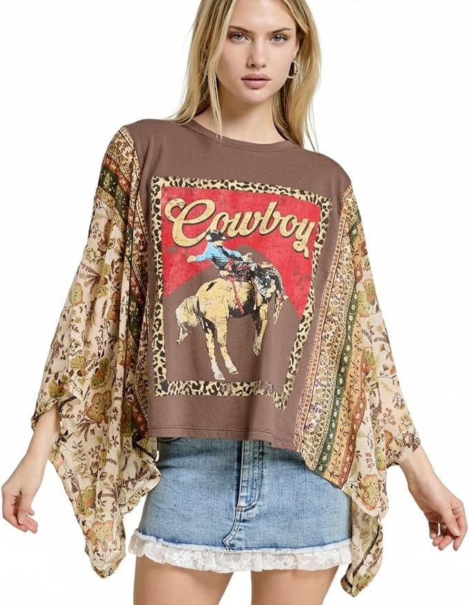 Women’s Western Graphic Top – Flowy Poncho Fit, Cowboy Print, Floral Sleeve, Oversized Tee | Amazon (US)