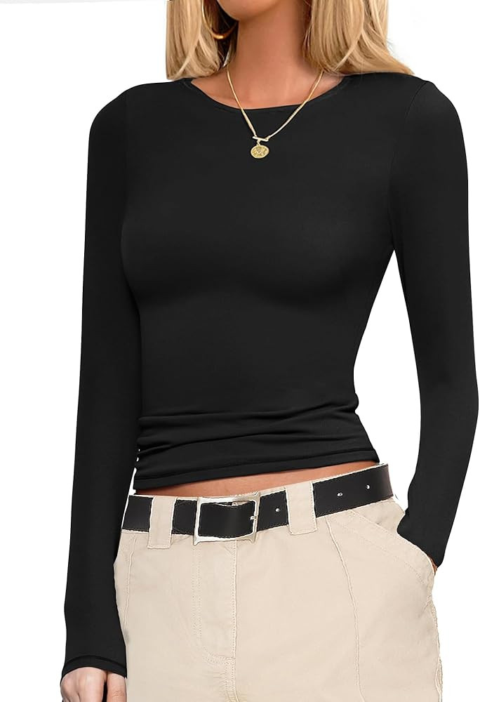 Ekouaer Womens Long Sleeve Shirts Fitted Tops Stretchy Base Layer Basic Tight Thermal Undershirt ... | Amazon (US)